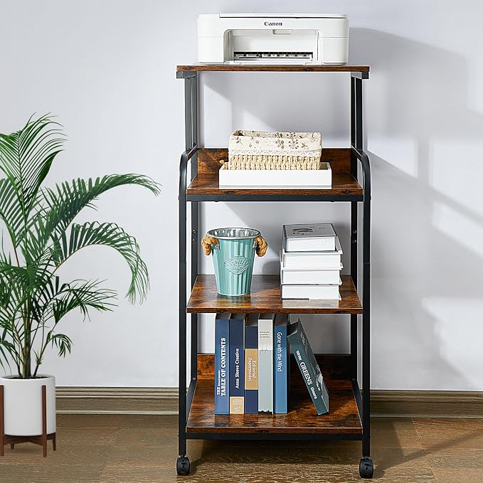 4-Tier Printer Stand with Adjustable Shelves and Wheels, Tall Printer Table with Storage for Home Office, Rolling Printer Cart for Small Spaces, Rustic Brown