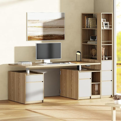ModernMate Furniture Set, 70.8'' Executive Standing Desk with 71'' Tall Bookcase, AC/USB, File Cabinet, Double-Sided Narrow Display Shelves, Home Office Wood Storage Furniture, Light Walnut
