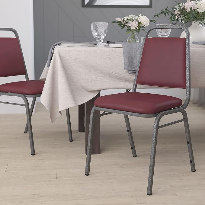 Flash Furniture HERCULES Series Trapezoidal Back Stacking Banquet Chair in Burgundy Vinyl - Silver Vein Frame
