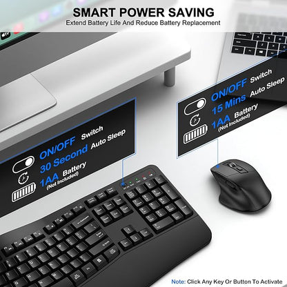 Wireless Keyboard and Mouse Combo, 2.4G Full Size Wave Keys Ergonomic Keyboard with Wrist Rest and 3-Level DPI Adjustable Wireless Ergonomic Mouse for Windows, Mac OS Desktop/Laptop/PC(Black)