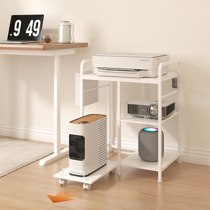 Sedegn Large Printer Stand with 3 AC Outlets for Home Office Devices | Heavy-Duty Printer Table for Laser Printer, Side Paper Storage Bag, 3-Tier Organizer for Shredder, PC Tower & Supplies, White