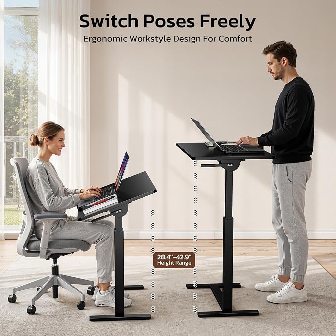 Mobile Standing Desk Adjustable Overbed Table, Pneumatic Height Adjustable Rolling Laptop Desk with Hidden Wheels, 0-180°Tilt Top Rolling Computer Cart Foldable for Home Office, Craft & Study, Black