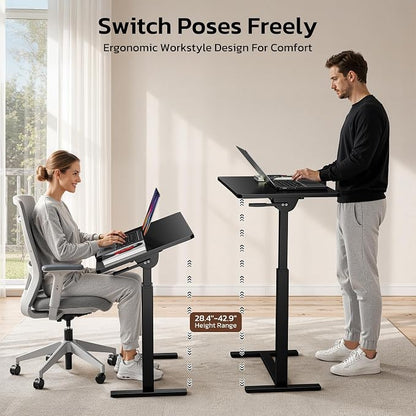 Mobile Standing Desk Adjustable Overbed Table, Pneumatic Height Adjustable Rolling Laptop Desk with Hidden Wheels, 0-180°Tilt Top Rolling Computer Cart Foldable for Home Office, Craft & Study, Black