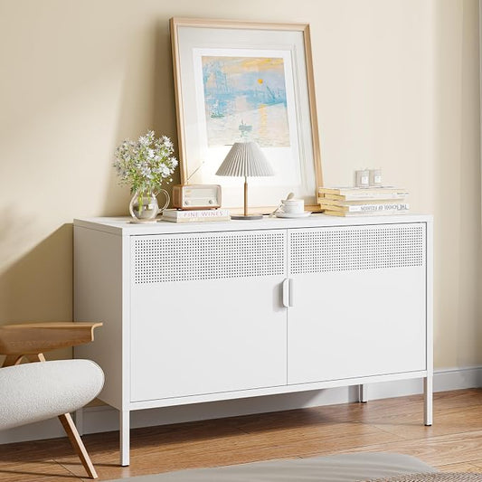 Metal Storage Cabinet with 2 Doors & Adjustable Shelves, 25" H White Accent Cabinet, Metal Locker Storage Cabinets, Tv Stand Cabinet for Home, Office, Living Room, Entryway
