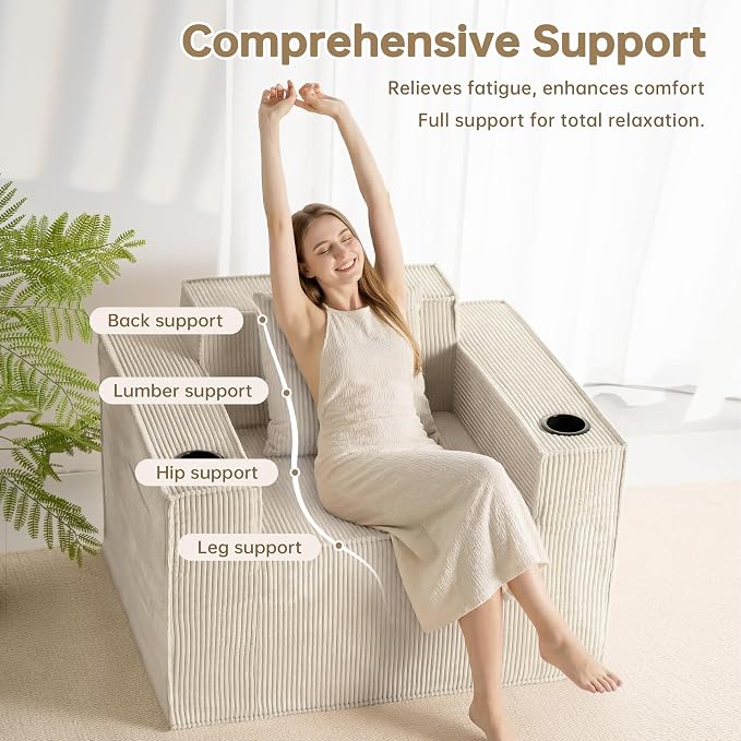 Cloud Single Sofa,Chaise Lounge Chair with Cup Holder & Side Pocket,Elevated Seat Height,No Assembly Required,Boneless Corduroy Chair for Small Space,Bedroom,Office (White, Single Sofa)