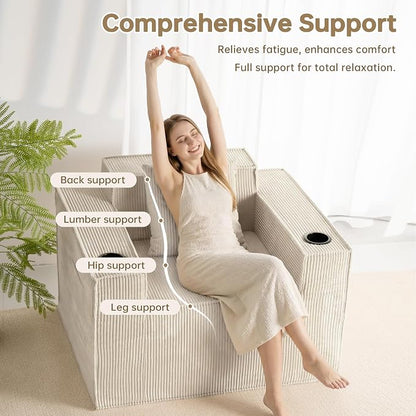 Cloud Single Sofa,Chaise Lounge Chair with Cup Holder & Side Pocket,Elevated Seat Height,No Assembly Required,Boneless Corduroy Chair for Small Space,Bedroom,Office (White, Single Sofa)