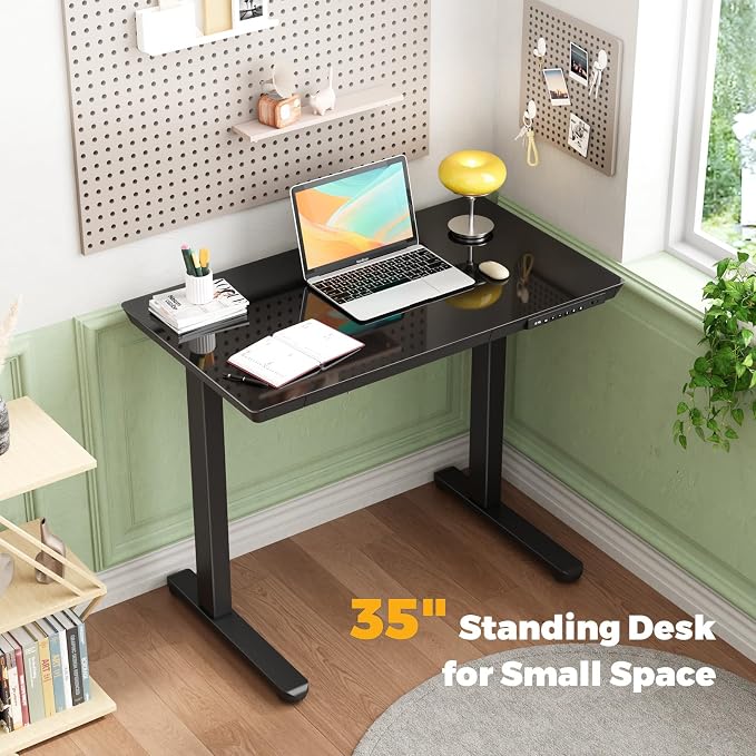 Glass Electric Standing Desk with Drawer, 35" x 20" Whole Piece Tabletop Samll Sit Stand Table, Height Adjustable Workstation with Storage & USB Ports, Quick Install Home Office Desk