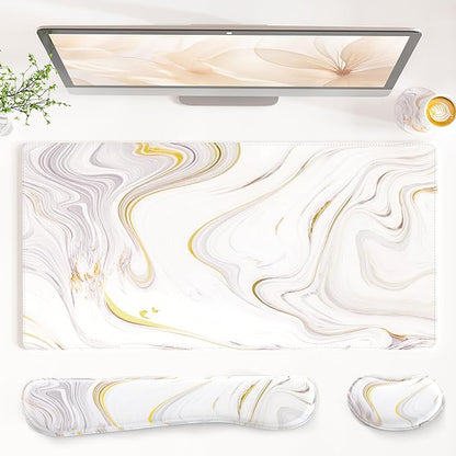 QIYI Leather Desk Mat Set, 4-in-1 Large Mouse Pad with Ergonomic Wrist Rest, Waterproof Desk Pad + Keyboard Wrist Rest + Mouse Wrist Support + Coaster, Non-Slip Office Gaming Accessories, White Marble