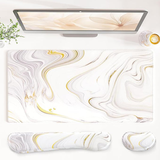 QIYI Leather Desk Mat Set, 4-in-1 Large Mouse Pad with Ergonomic Wrist Rest, Waterproof Desk Pad + Keyboard Wrist Rest + Mouse Wrist Support + Coaster, Non-Slip Office Gaming Accessories, White Marble