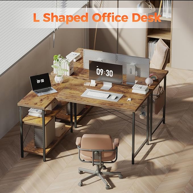 Mericonia Small L Shaped Computer Desk, Reversible Gaming Desk with Storage Shelves, Corner Gamer Desk Table, Study Writing Table