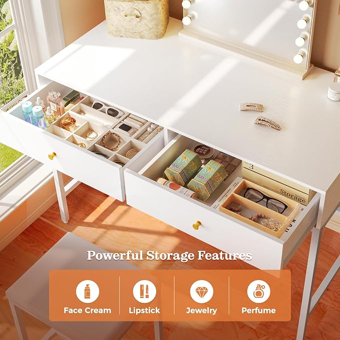SUPERJARE 31.5" White Desk with 2 Drawers, Modern Makeup Vanity with Padded Stool, Small Computer Desk Home Office Desk for Writing Study Bedroom