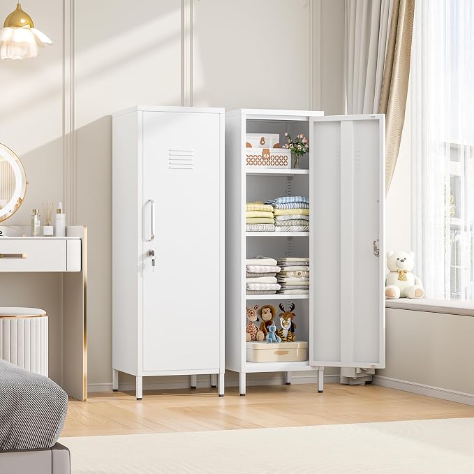 erosoei 47.24" H Metal Locker Storage Cabinet, Office Locker with 3 Adjustable Shelves, Steel Cabinet with 1 Door, High Legs Organizer for Home Office, Kitchen, Living Room, Bedroom and Bathroom