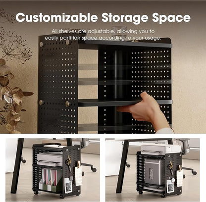 Fenge 3D Printer Stand, Heavy Duty Pegboard Storage Organizer with Adjustable Shelf, 22x18 Inch Rolling Printer Cart with Wheels, 3 Tier Home Office Stand