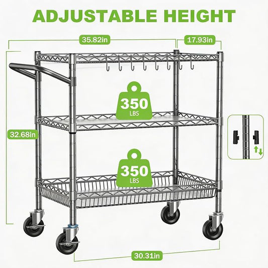 Rolling Utility Metal Carts with Wheels Heavy Duty 1050Lbs Commercial Grade 3 Tier Wire Serving Cart with Handle Bar & Shelf Liner, Storage Trolley for Kitchen Laundry Garage,Gray