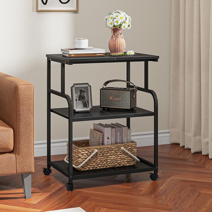 3-Tier Adjustable Large Printer Stand with Storage, Rolling Printer Cart with Lockable Wheels for Home, Office (Black)