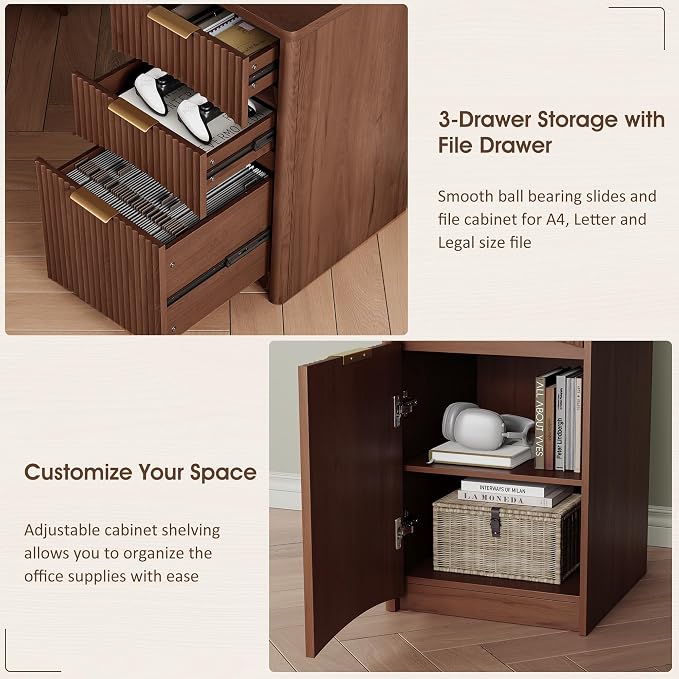 Whalefall 63'' Fluted L Shaped Desk with Drawers, Walnut | Corner Computer Desk with Charging Station, Modern Executive Home Office L Desk with File Cabinet Storage