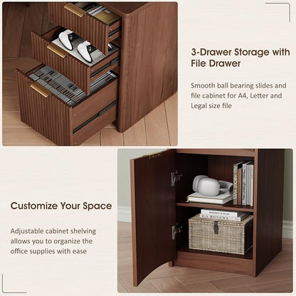 Whalefall 63'' Fluted L Shaped Desk with Drawers, Walnut | Corner Computer Desk with Charging Station, Modern Executive Home Office L Desk with File Cabinet Storage
