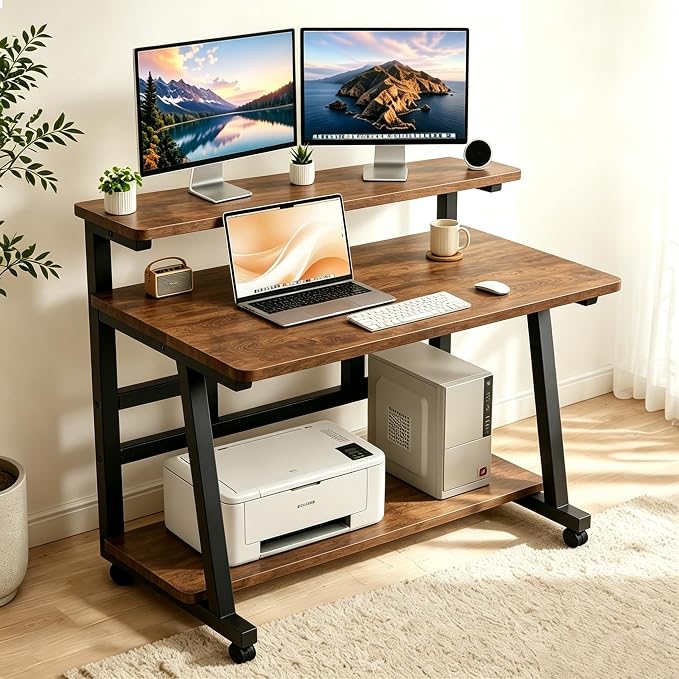 31.5 Inch Compact Rolling Computer Desk with Tier Worktable & Lockable Wheels, Small Computer Desk, Small Desk for Bedroom, Mobile Writing Workstation Easy Assembly for Home Office Small Spaces