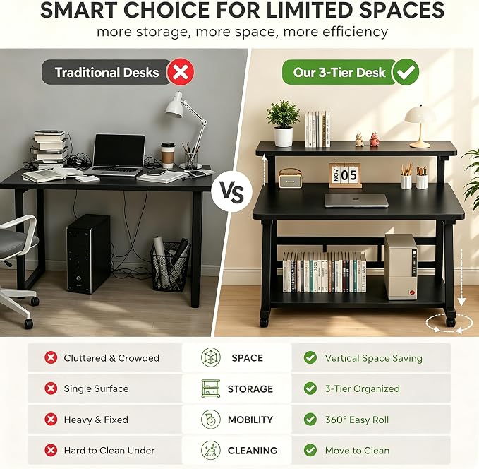 31.5 Inch Compact Rolling Computer Desk with Tier Worktable & Lockable Wheels, Small Computer Desk, Small Desk for Bedroom, Mobile Writing Workstation Easy Assembly for Home Office Small Spaces