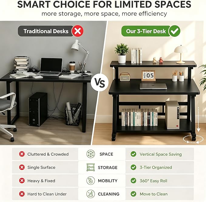 47.2 Inch Compact Rolling Computer Desk with Tier Worktable & Lockable Wheels, Small Computer Desk, Small Desk for Bedroom, Mobile Writing Workstation Easy Assembly for Home Office Small Spaces