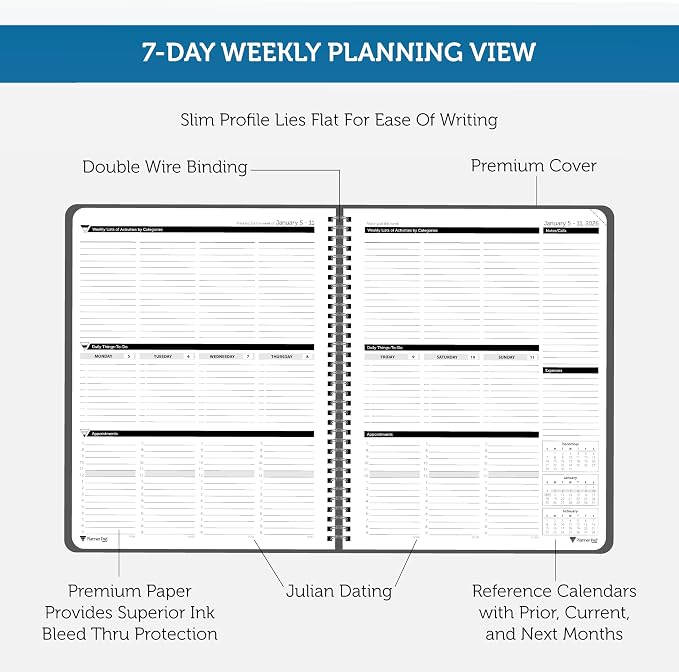 Planner Pad Spiral Bound January-December 2026/ Calendar Year 8 1/2" x 11" Large 3-Tier Funnel Down 12 Month Organizer, Black Cover/Black Ink