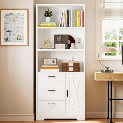 IRONCK Bookshelf with Doors and 3 Drawers 71 in Tall Bookcase with 3-Tier Shelves, Industrial Book Shelf with Storage for Living Room Entrance Hallway Home Office, White