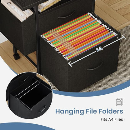DUMOS 2 Drawer Mobile File Cabinet, Fabric Filing Cabinet with 24'' Desktop,Small Office Drawers Under Desk Fits A4 Size, Rolling Printer Stand with Storage Side Bag for Home Office, Black