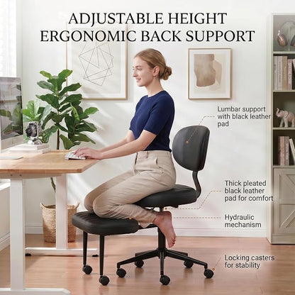Cross Legged Office Chair with Wheels, 360 Swivel Height-Adjustable Meditation Chair with Lumbar Support, PU Leather, Black