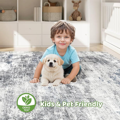 7x9 Area Rug Living Room: Washable Large Abstract Neutral Modern Soft Rugs Stain Resistant Indoor Floor Non-Slip Accent Carpet for Bedroom Nursery Playroom Office Dining Room Home Decor- Blue Gray