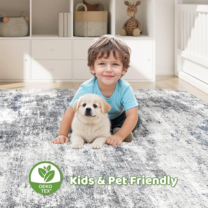 6x9 Area Rug Living Room: Washable Large Abstract Neutral Modern Soft Rugs Stain Resistant Indoor Floor Non-Slip Accent Carpet for Bedroom Nursery Playroom Office Dining Room Home Decor- Blue Gray