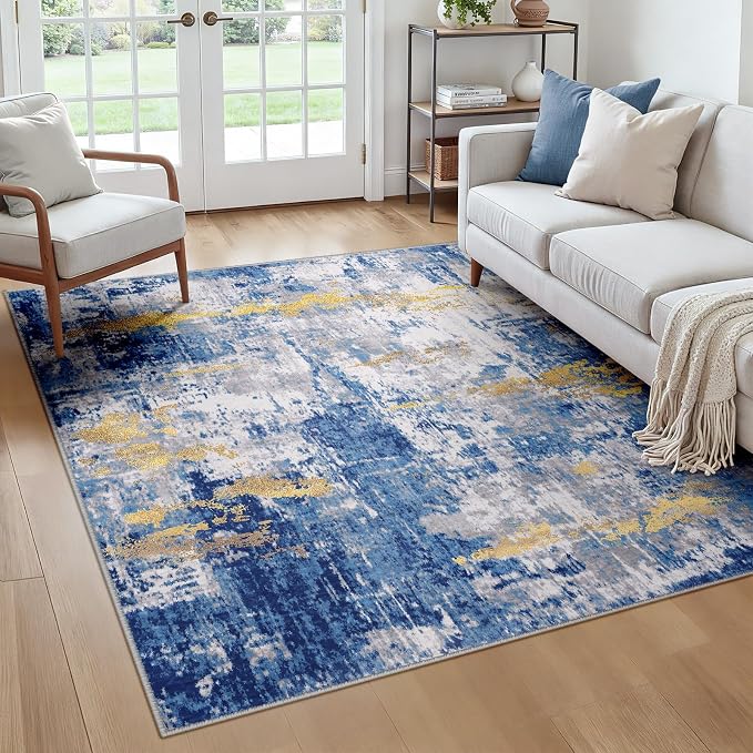 RELEANY Washable Area Rugs Square 6ft Non-Slip Modern Abstract Soft for Living Room Entryway Bedroom Kitchen, Print Pattern, Grey Blue Gold/Golden