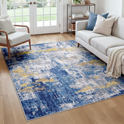 RELEANY Washable Area Rugs Square 6ft Non-Slip Modern Abstract Soft for Living Room Entryway Bedroom Kitchen, Print Pattern, Grey Blue Gold/Golden