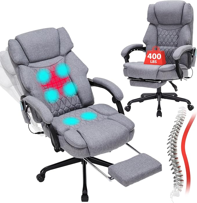 Massage Office Chair with Foot Rest 6 Points Vibration and Heat Home Office Desk Chairs for Heavy People 400lbs Reclining Managerial Chairs Ergonomic Executive Chair (Grey)