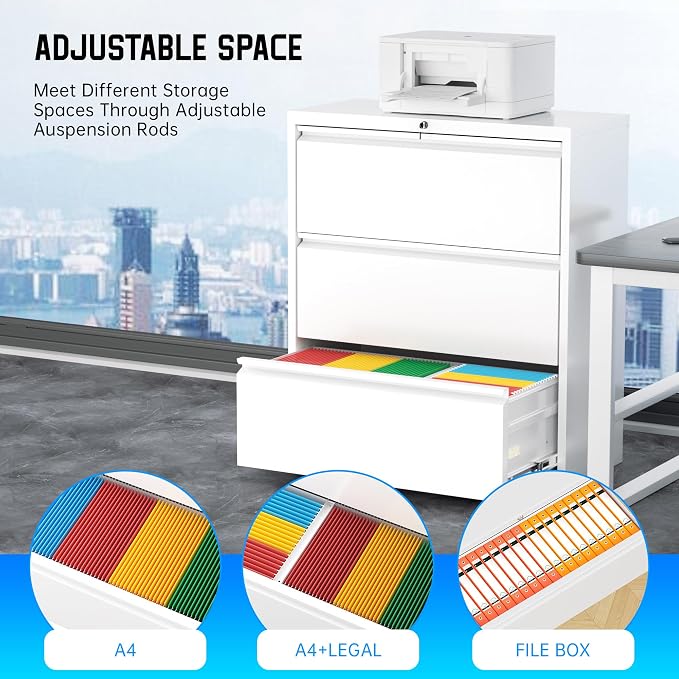 Greenvelly 3 Drawer Filing Cabinet, White Lateral File Cabinet with Lock, Lockable Metal File Cabinet for Home Office, Office File Cabinets for Legal/Letter/A4/F4 Size