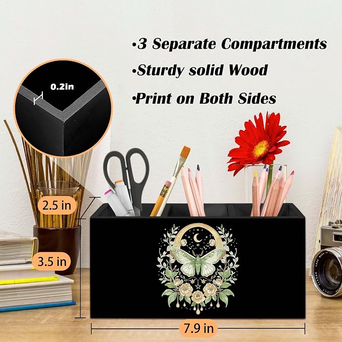 Boho Luna Moth Floral Pen Holder for Desk, Dark Cottagecore Celestial Pencil Organizer, Mystical Botanical Floral Moth Insect Wooden Pen Holder Desk Accessories Decor for Home Office