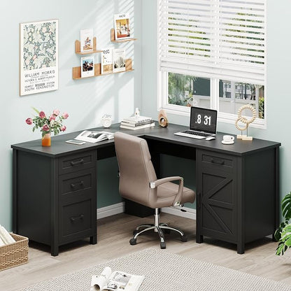 Vabches 59” L Shaped Executive Desk with Power Outlets, Farmhouse Home Office Desk with File Drawer,Storage Cabinet, Wood Corner Sturdy Writing Workstation.Black