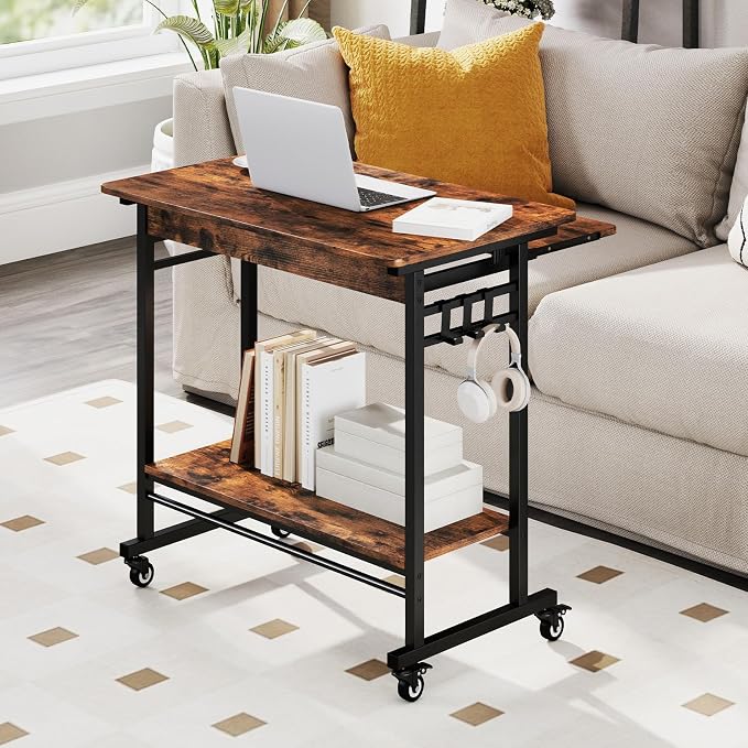 Giantex Rolling Computer Desk, Mobile Portable Desk with Keyboard Tray & Wheels, Laptop PC Table Cart with Shelf & Hooks, Industrial Small Desk for Small Spaces, Home Office, Bedroom, Rustic Brown