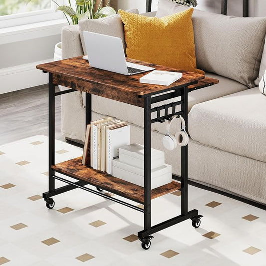 Giantex Rolling Computer Desk, Mobile Portable Desk with Keyboard Tray & Wheels, Laptop PC Table Cart with Shelf & Hooks, Industrial Small Desk for Small Spaces, Home Office, Bedroom, Rustic Brown