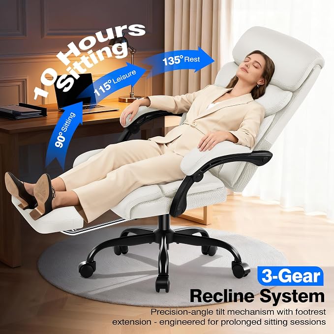 AreShark Office Chair - Ergonomic Comfortable High Back Computer Desk Chair with Foot Rest - Executive Breathable Swivel Rolling Reclining Leather Chair with Lumbar Support for Home Gaming Relaxing