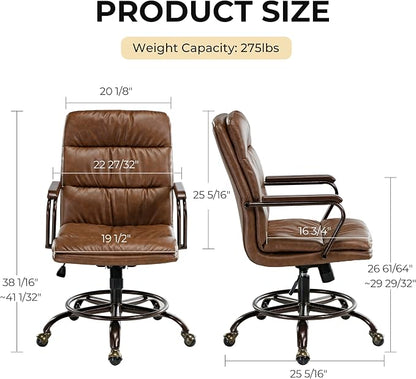 EUREKA ERGONOMIC Mid-Century Vintage Office Chair, Faux Leather Executive Desk Chair with Unique Ball Casters and Fixed Footrest Ring, Brown Retro Swivel Chair for Home Office and Study, Brown