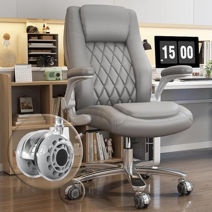 GYI High Back Executive Office Desk Chair, Leather Computer Chair, Grey | 2.6"Rubber Wheels, Flip-up Arms, Heavy Duty Base, Thick Padded Seat, Lumbar Support, Home, Conference Rooms, Reception Areas