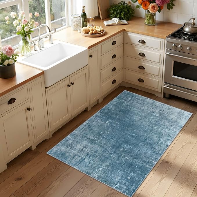 Latte&Fog 2x3 Entryway Rug, Small Modern Abstract Door Mat, Blue Washable Kitchen Rug, Boho Non Slip Low Pile Carpet for Indoor Kitchen, Entry, Front Door and Bathroom