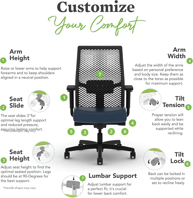 HON Ignition 2.0 ReActiv Ergonomic Office Chair, Mesh Desk Chair with Lumbar Support, Advanced Synchro‑Tilt, Height and Width Adjustable Arms, Swivel Wheels, Black Frame, Ocean