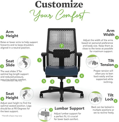 HON Ignition 2.0 ReActiv Ergonomic Office Chair, Mesh Desk Chair with Lumbar Support, Advanced Synchro‑Tilt, Height and Width Adjustable Arms, Swivel Wheels, Black Frame, Ocean