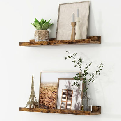 FLYJOE Picture Ledge Shelf, Floating Shelves Set of 2, 24 Inches Nursery Book Shelves for Toys Storage, Kids Bookshelf Wall Mounted for Living Room Bedroom Decor Books Photo Frames, Rustic Brown