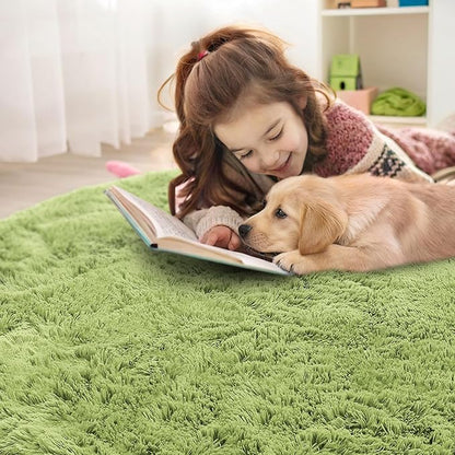 OLANLY Grass Green Round Rugs for Bedroom - Machine Washable, 2 ft Circle Area Rugs for Living Room, Soft and Fluffy Shaggy Carpet for Teen Girls and Boys, Nursery Rooms, Dorms, Home Decor Aesthetic