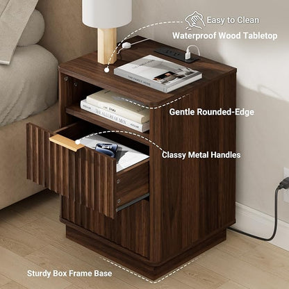 Fluted Nightstand, Walnut Night Stand, 2 Drawers Nightstand with Charging Station, Wooden End Table with Storage, Modern Bedside Table for Bedroom Sofa Home Office, Curved Corners Design