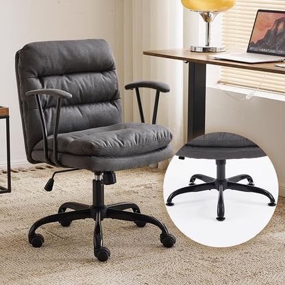 VINGLI Padded Grey Desk Chair with/No Wheels,Dual-Base,Removable Armrests,Adjustable Comfy Rolling Swivel Computer Task Nail Tech Chair for Home Office,Sewing,Makeup Vanity,Teen,Linen Fabric