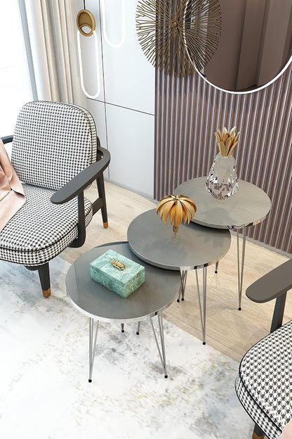 Set of 3 Nesting End Tables Round Wood Stacking Coffee Side Accent Table with Metal Legs for Living Room, Home Office, Nightstands for Bedroom