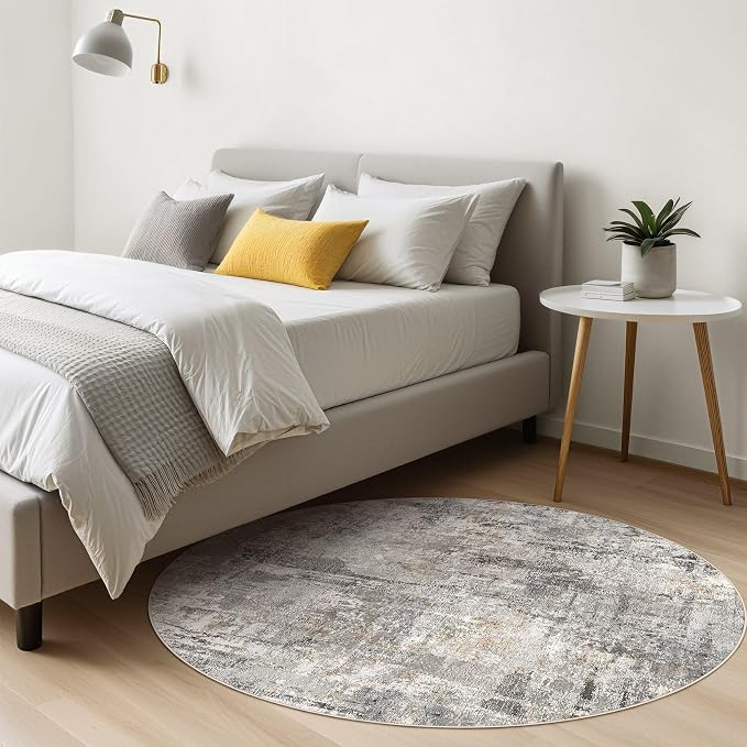8ft Round Rug Living Room Rugs: 8x8 Washable Circle Large Abstract Modern Soft Stain Resistant Non-Slip Indoor Floor Carpet for Bedroom Nursery Office Dining Room Playroom Home House- Gray Rust